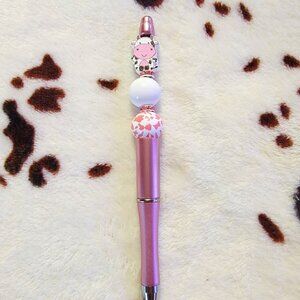 Pink Cow Custom Made Rhinestone Wood Beaded Ink Pen